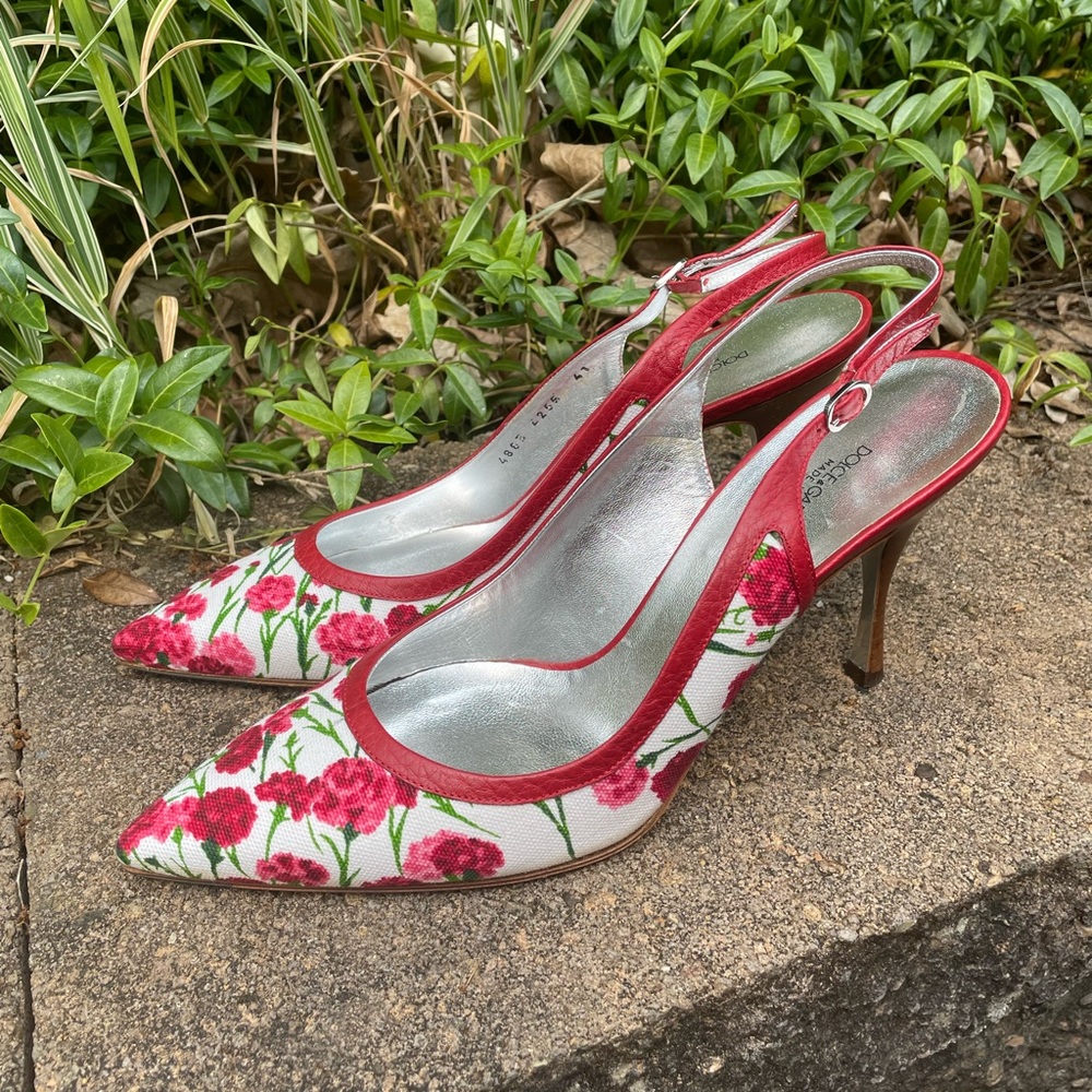 Dolce Gabbana Pumps Heels Canvas Floral Slingback Pointed Toe Stiletto Red Sz 41